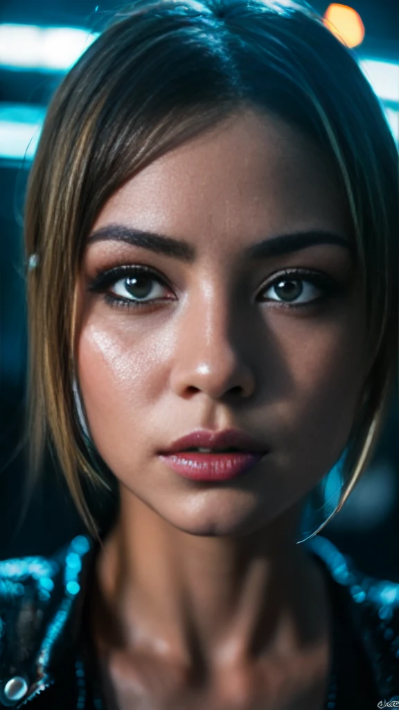 a female cyborg face,beautiful detailed eyes,beautiful detailed lips,extremely detailed eyes and face,longeyelashes,futuristic tokyo city,cyberpunk,neon lights,dark moody lighting,cinematic atmosphere,dramatic lighting,chrome metal skin,glowing circuitry,advanced technology,hyper realistic,photorealistic,8k,high quality,masterpiece,cinematic,digital painting,concept art
