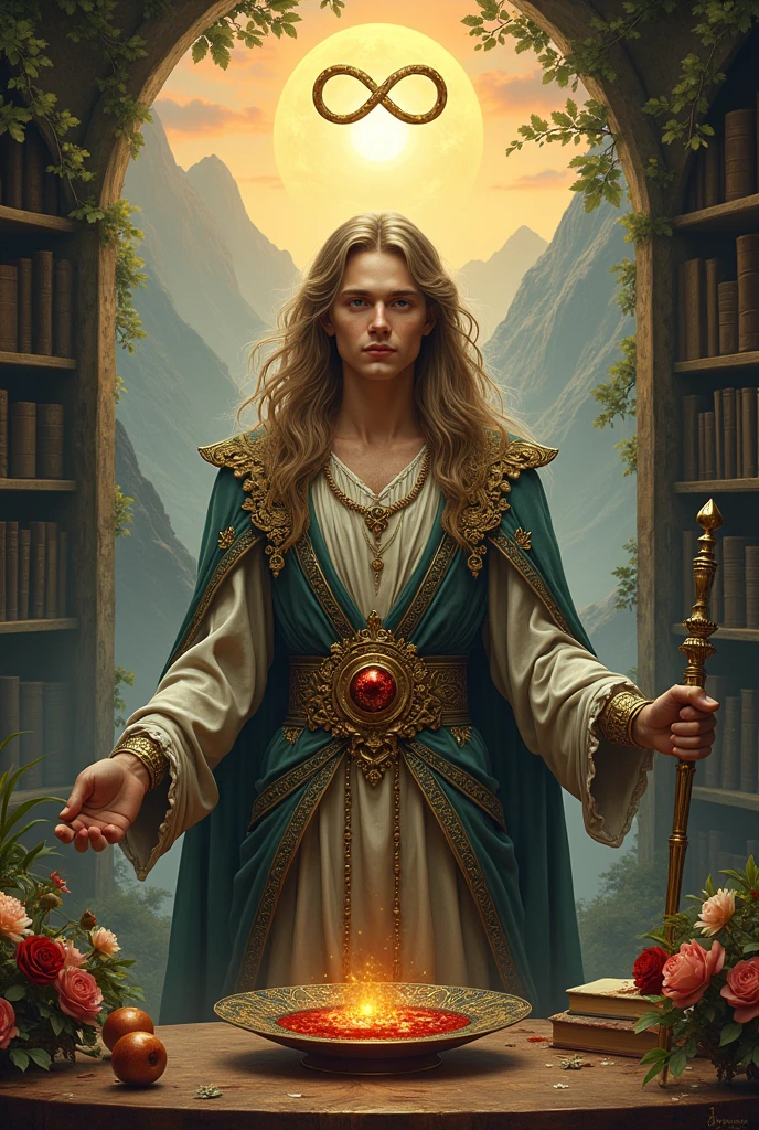 The Magician of Tarot Cards , 2 male, young, beautiful, hair down to his shoulders. Facing forward. Delicate, precise, beautiful, dressed in baroque clothing, cane in right hand, sphere in left, symbol of infinity overhead, mountains and sun in background, flowers on table, in fantasy library, upper body. natural light
