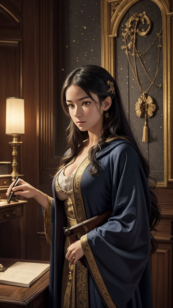 Drawing of the highest quality, extremely clear, the highest level of detail, Maximum attention to detail,
slender young girl, European facial features,big breasts,black hair, half-turn, in a blue robe, embroidered with golden stars, stands in front of an old carved mahogany bureau, and make notes in old scrolls, behind him is an old telescope on a tripod, decorated with bronze., On the walls of the room made of rough grey stone are old engravings depicting constellations..