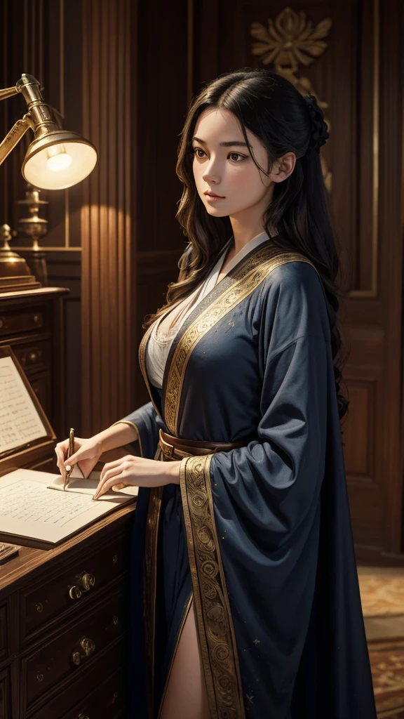 Drawing of the highest quality, extremely clear, the highest level of detail, Maximum attention to detail,
slender young girl, European facial features,big breasts,black hair, half-turn, in a blue robe, embroidered with golden stars, stands in front of an old carved mahogany bureau, and make notes in old scrolls, behind him is an old telescope on a tripod, decorated with bronze., On the walls of the room made of rough grey stone are old engravings depicting constellations..