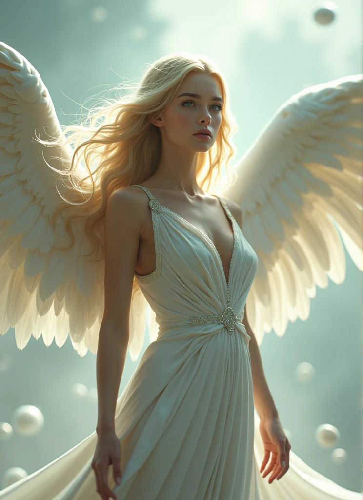 masterpiece, best quality, high quality, extremely detailed CG unit 8k wallpaper,high quality, highly detailed, Imagine a dreamlike scene with a beautifull female angel, she have Golden blonde hair and white longe wings. Longe silver dress and she have powerfull aura, she have Green eyes and gently aspect, Celestia. Full body portrait award-winning photography, Bokeh, depth of field, HDR, photorealistic, extremely detailed, trend on artstation, trend on CGsociety, Complex, High Detail, dramatic, art by midjourney