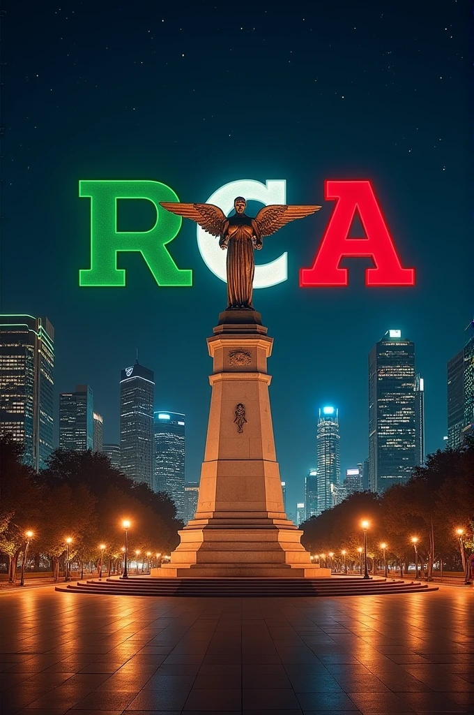 Aquí tienes el prompt corregido:

"Create a nighttime cityscape of Mexico City, centered on the Angel of Independence statue. The statue stands tall, bathed in warm, golden light that highlights its majestic form. Above and around the statue, floating letters spell out 'Reytricia.' The letters 'Ray' are in a rich, green reminiscent of the Mexican flag, 'tri' in a crisp, clean white, and 'cia' in a deep, vibrant red. The surrounding cityscape is alive with the soft glow of streetlights and the twinkle of building lights, reflecting off the modern glass skyscrapers. The night sky is clear, with stars scattered across it, adding to the serene yet powerful atmosphere. The image captures the iconic beauty of Mexico City and the patriotic colors in a striking and elegant composition."