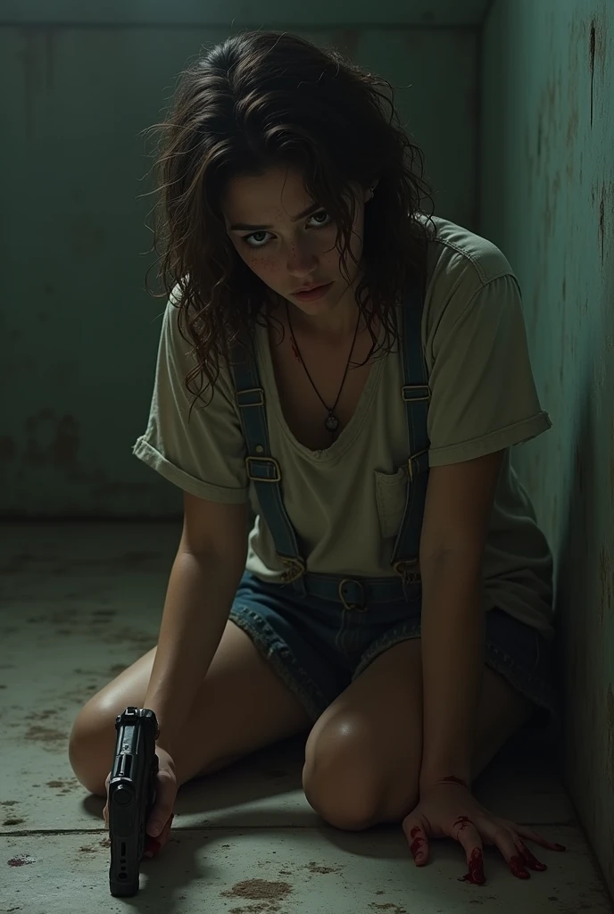 light brown-skinned woman, freckled, almost black eyes, curly brown hair. Dreamy look and dressed in torn clothes. Sitting on the floor crying. Holding a gun in his left hand and with blood on his right hand