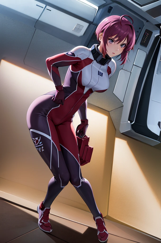 masterpiece, Highest quality, High resolution, One girl, alone, short hair, Ahoge, Redhead, Purple eyes, Purple Hair, Pilot Suit, gloves, Cowboy Shot, Are standing, Spaceship, Indoors Hands on hips,