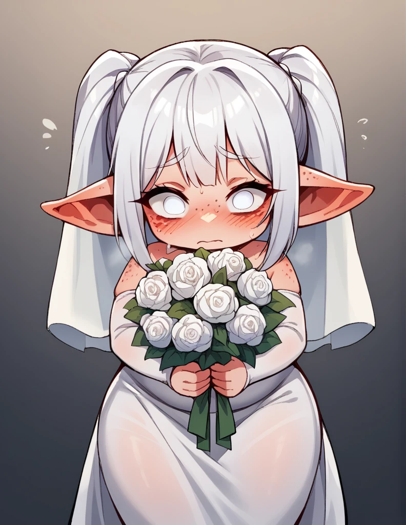 A goblin raping a girl ,stortstack,{{Wearing a white translucent wedding dress}}（white  Hair,Double ponytails）{Wearing a transparent white veil},bangs（Heavy sweating）Shy expression，blush，Freckles on the face，chubby,white eyes，Wide hips，{Holding bouquet of flowers}