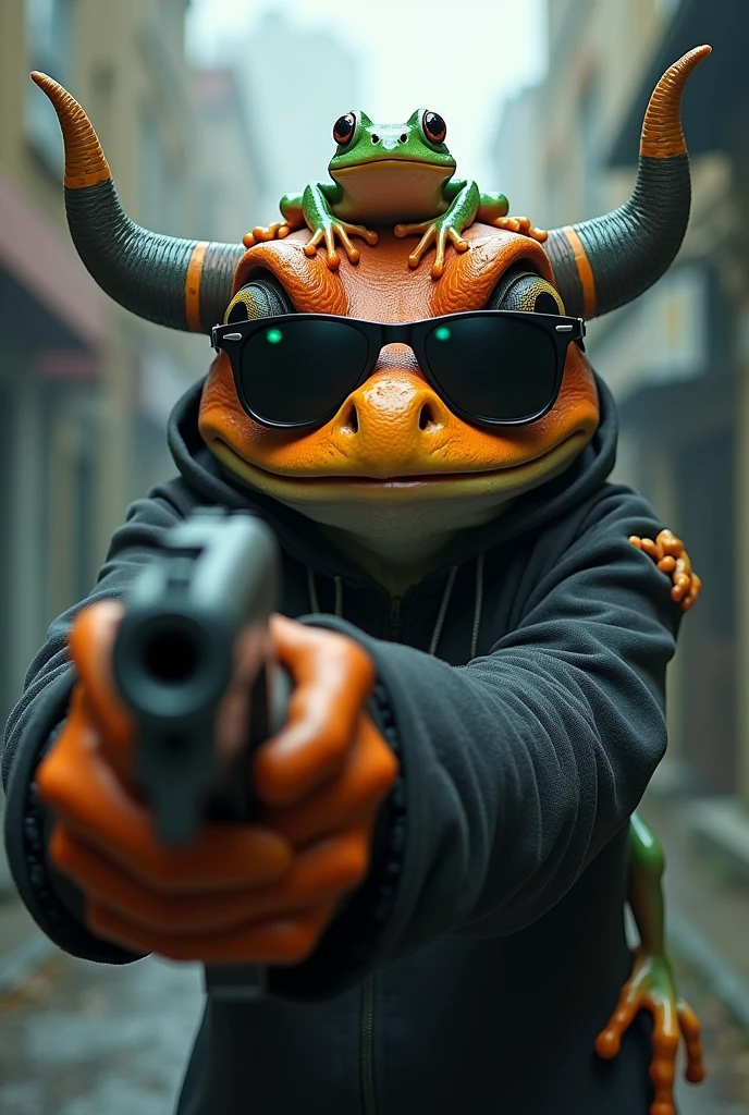 He is wearing ((cartoon horned frog))), ((orange))), (((gray))), and (((child frog on his back)))), ((black street costume)) Holding (( (gun))) in his hand, he points at the camera with a psychotic expression. sunglasses.
