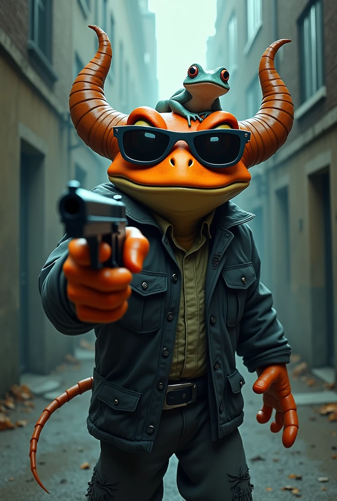 He is wearing ((cartoon horned frog))), ((orange))), (((gray))), and (((child frog on his back)))), ((black street costume)) Holding (( (gun))) in his hand, he points at the camera with a psychotic expression. sunglasses.