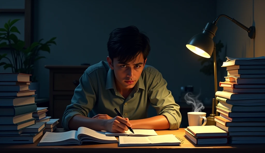 Arjun is seen studying late at night under a dim lamp, surrounded by books. This scene highlights his hard work and persistence, as he prepares for his exams.