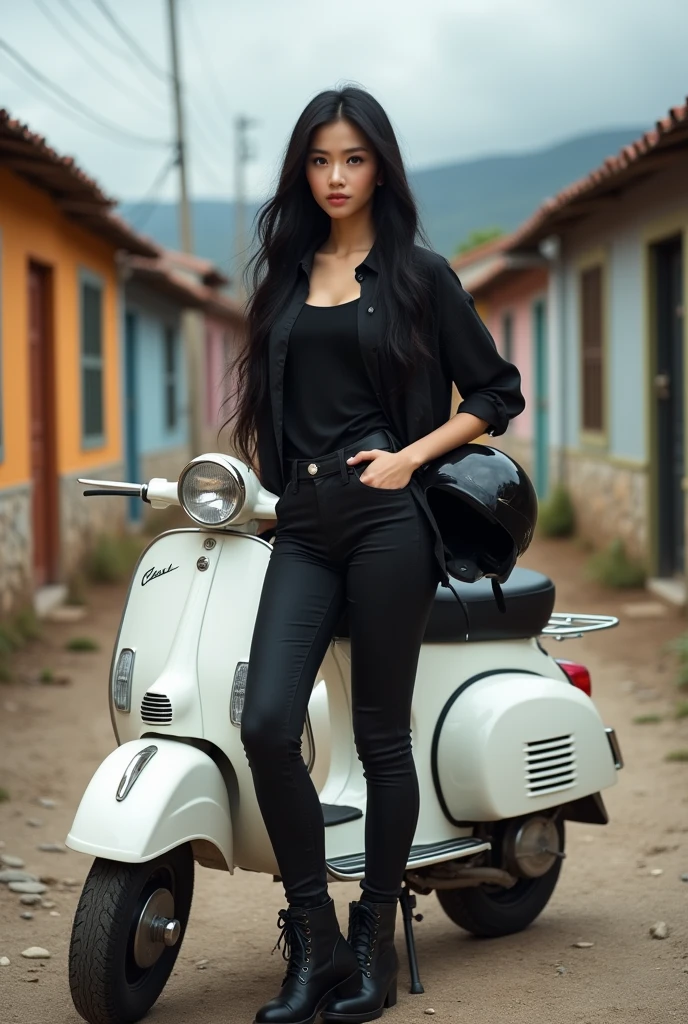 (solo, full body photo:1.3),A Asian woman, long black hair, wearing a black silk shirt with one button open, wearing a black tshirt, black pants, black boots, standing holding a classic helmet, standing in front of a white Vespa scooter, with a colorful stone-built housing complex in the background, a cloudy rocky dirt road