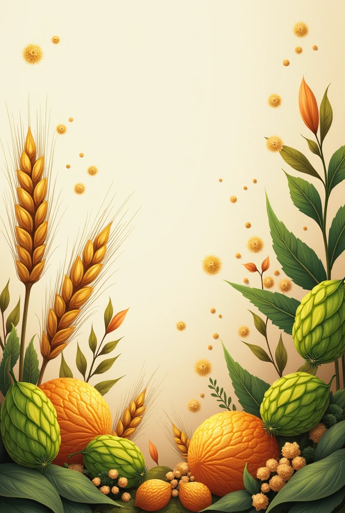 Background image for brewing process component including barley, hops, brewing water ions, yeast