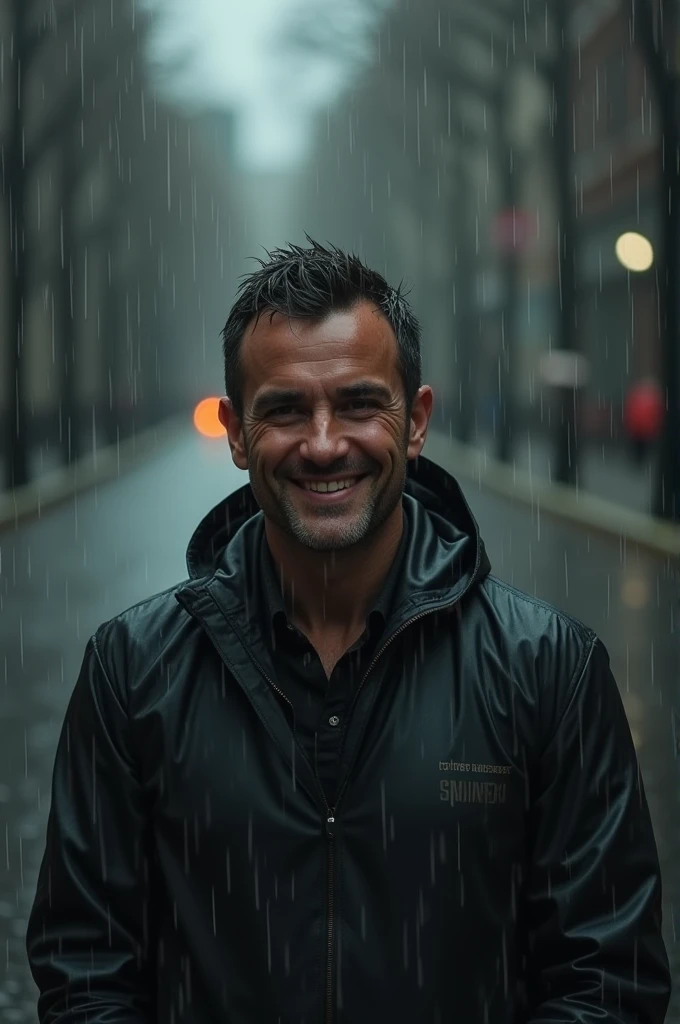 Make an men who is depressed but with a smile on his face soaking in rain . Make people around him un noticed . Far away a woman looking at him 