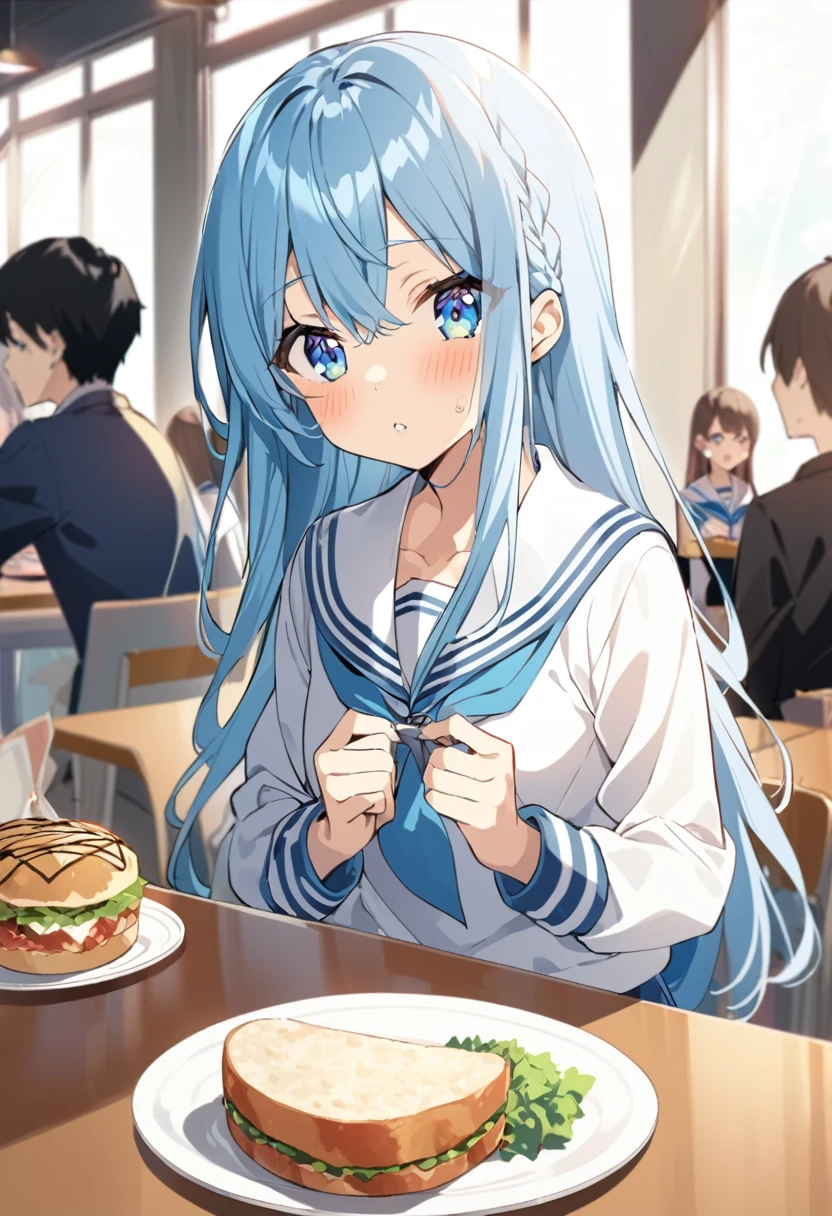 You are a professional illustrator。Please carefully check and draw the illustration according to the following conditions.。High school students enjoying their lunch in a crowded cafeteria、Delicate and beautiful anime face、Clear Eyes、Sailor suit、 light blue Braided long hair、young