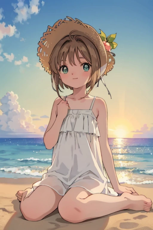 High resolution,masterpiece,Highest quality,Beautiful background,anime, cute,The big sun setting on the horizon, Sunset-bathed beach,,Unbulging chest,Plain white camisole dress,Chestnut Hair,Short Bob Hair,barefoot,Green Eyes,White straw hat,Lens flare,Sitting flat on the sand,smile