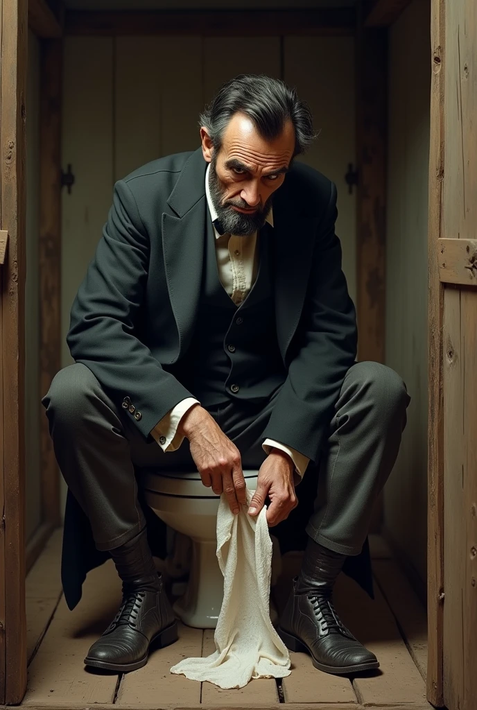 Realistic Abe Lincoln wiping his butt with his hand no toilet paper 