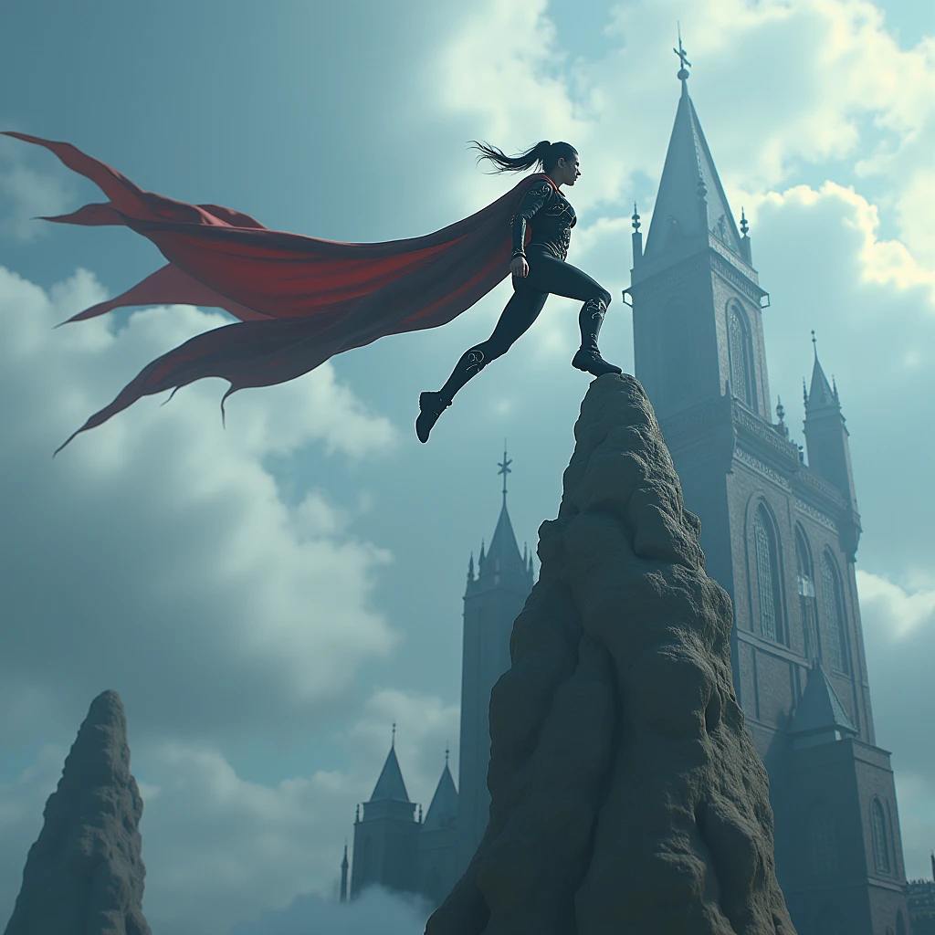 A female ninja wearing a wingsuit-like outfit jumps off the top floor of a tower that seems to reach the clouds.、Dungeons&Dragons