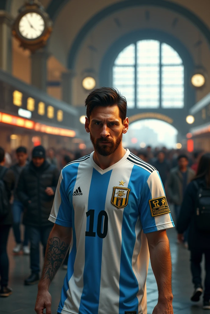 Messi in a Railway station 