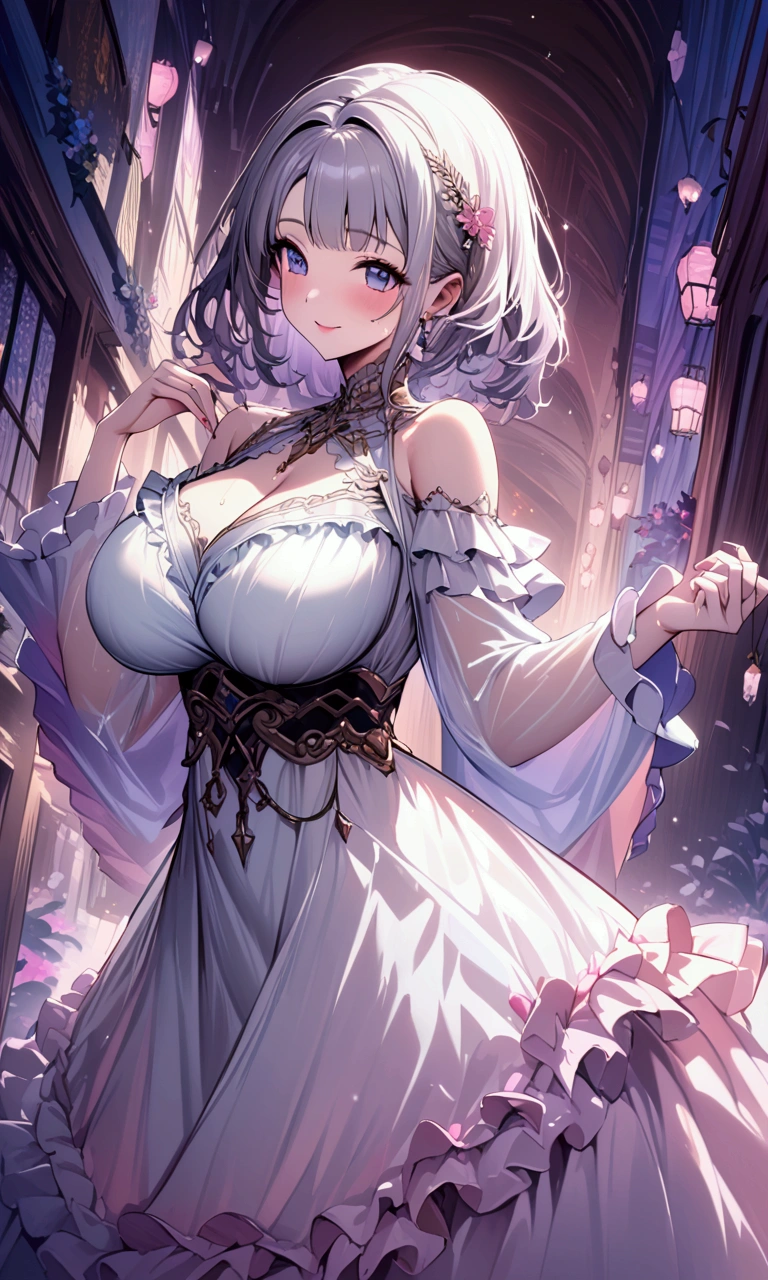 (((masterpiece))),((Highest quality)),one woman,30-year-old woman,Beautiful girl, bangs、Translucent white skin, Sparkling sweat, (Adorable dress with detailed ruffles:1.3)、Japanese girl、 Beautiful digital artwork, Beautiful fantasy art, dynamic sexy poses, A kind smile, A gentle gaze, {A mysterious aura},Big Breasts