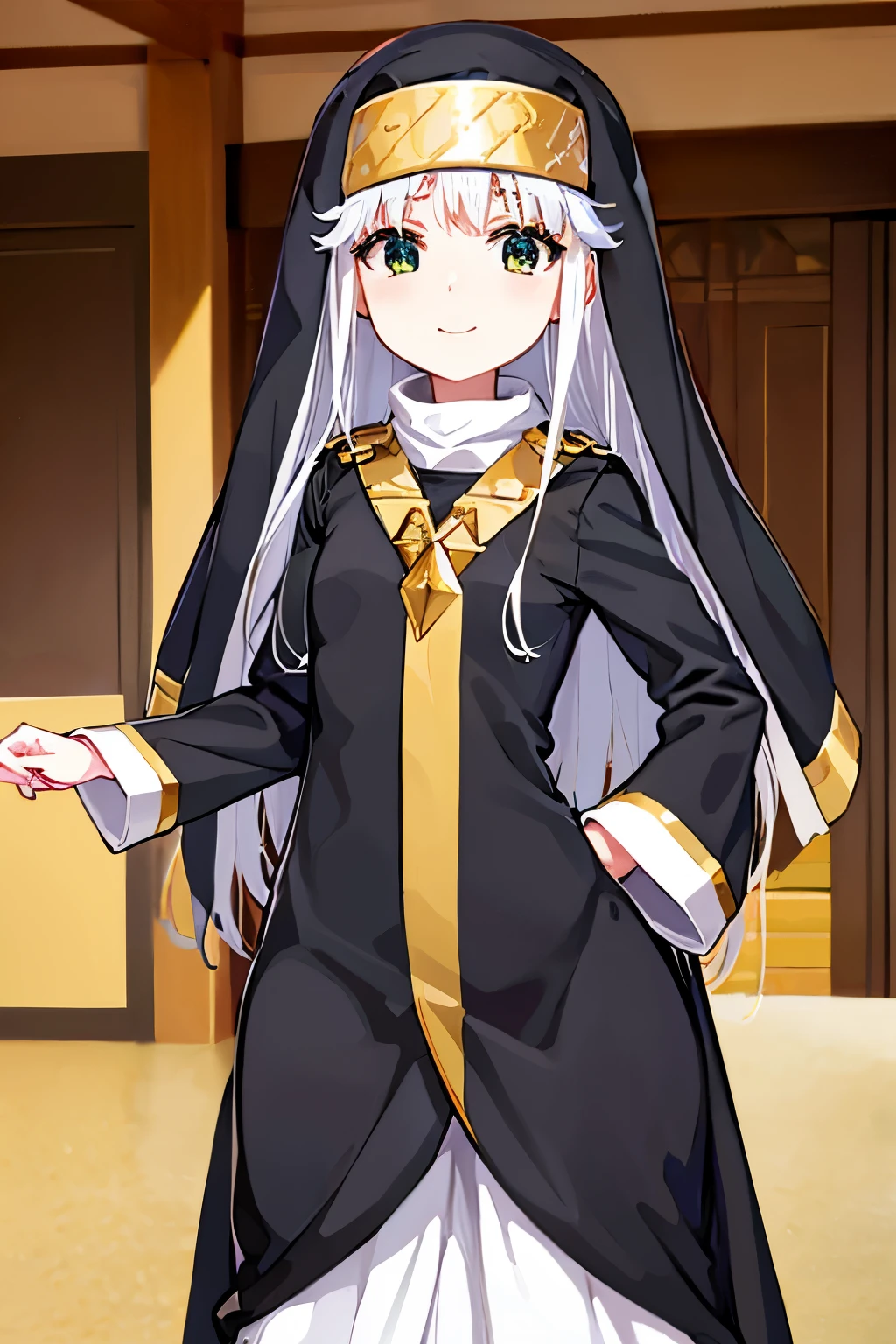Cabello largo plateado, ojos verdes, headband, necklace, black clothes, flat breast, black nun clothing, muslos hermosos, sonrisa, happy, inside house