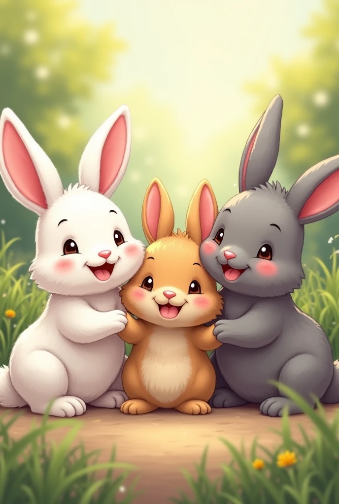 Two white bunnies, Two grey bunnies and a little brown bunny all happy