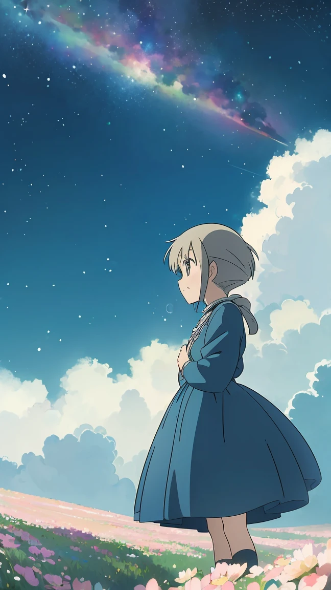 A girl on a meadow,おおぞらにまたたくstar,star,milky way,I look up and see,masterpiece,Highest quality,Highest quality,最高masterpiece,Detailed anime art,Digital Art,