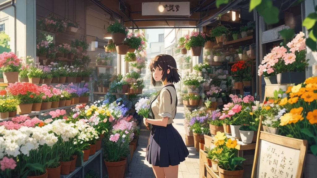 Anime girl standing with potted flowers in a flower shop, Florist Scene, Makoto Shinkai&#39;s art style, Anime Background Art, in Makoto Shinkai&#39;s Style, Painted in an anime artist&#39;s studio, Makoto Shinkai style, Makoto Shinkai&#39;s Style, Beautiful anime scene, Studio Greeble Makoto Shinkai, LOFI Girl