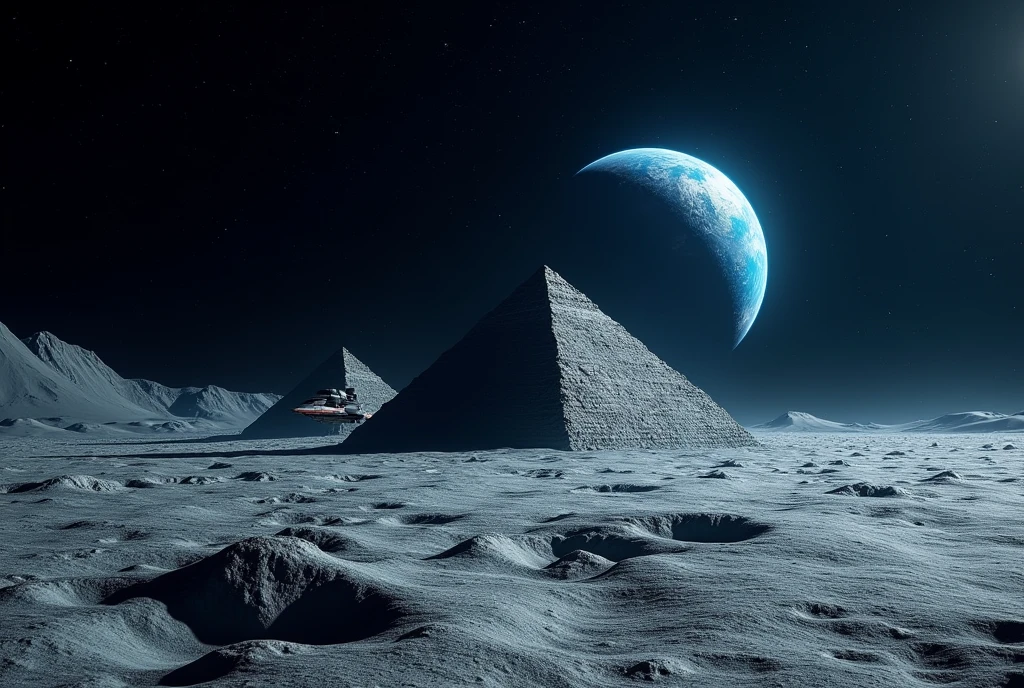 image of the moon&#39;s surface in dark, starry outer space, THERE IS AN ALIEN SPACE CRUISER SPACECRAFT COMING OUT OF THE PYRAMID ON THE SURFACE OF THE MOON, THERE IS A WIDE, GRAY PYRAMID OF ROCK THAT IS LEVITATING,  IT HAS A FAITHFUL IMAGE OF THE BLUE PLANET EARTH SHINING BLUE ON THE HORIZON IN THE DISTANCE AS REALISTIC AS POSSIBLE, as detailed as possible