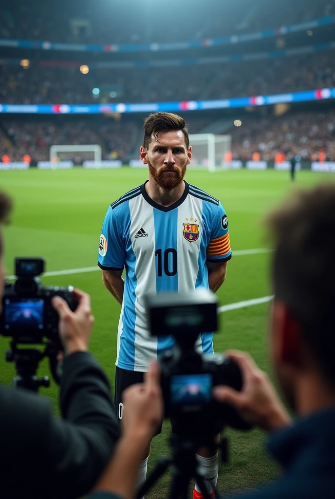 Messi is surrounding by camera