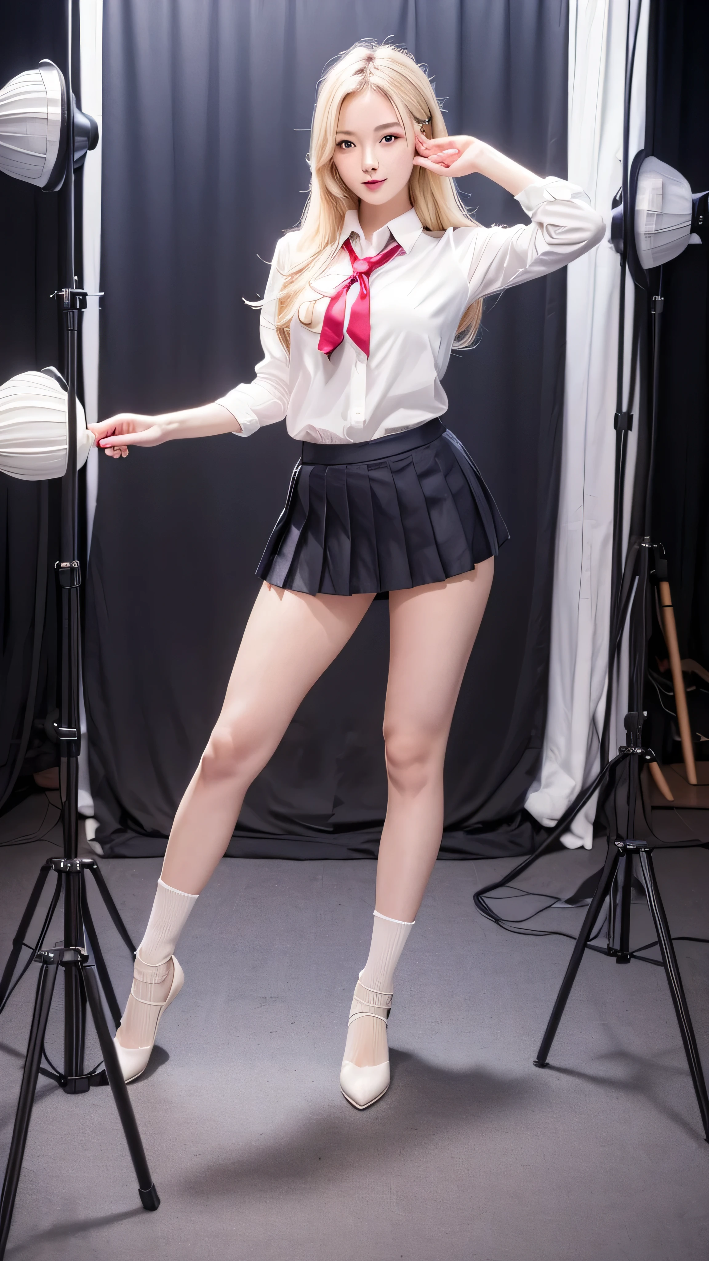 (masterpiece, best quality:1.2), ((japanse beatiful girl:1.3)), ((light blonde long messy hair:1.2)), highly detailed, medium breasts, highres, 1girl, ((wear school uniform:1.3)), ((pleated miniskirt:1.3)) in photo studio, ((random sexy pose:1.3)), ((full body:1.3))