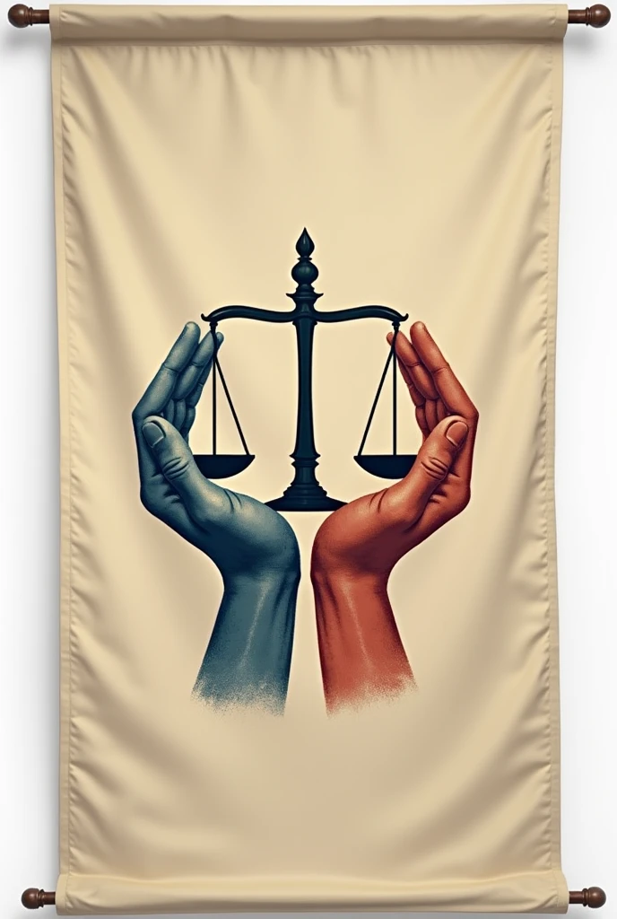 Create a flag that has a pair of hands clasped together holding a scale, representing unity and the search for equity and justice. And what MJS says