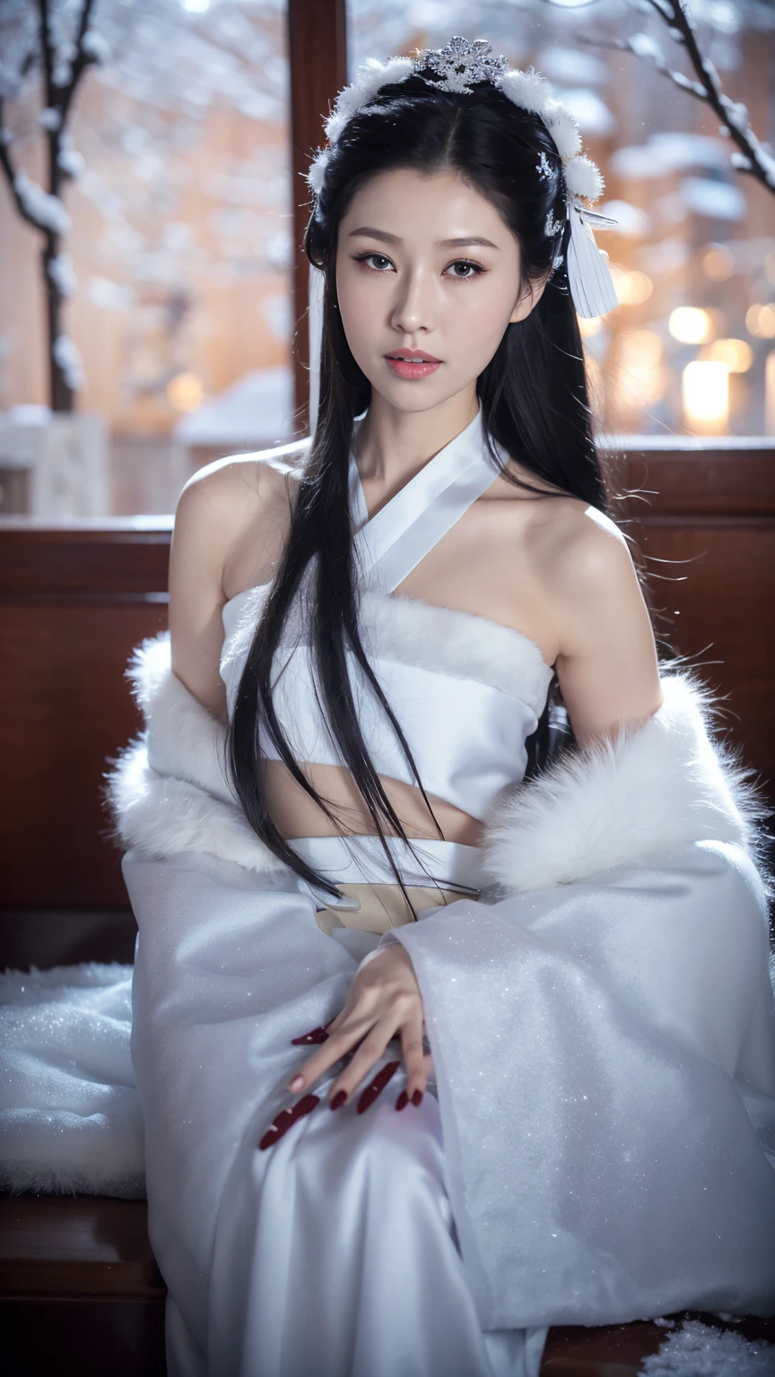 1 Fashion Model [[[[close up]]]], [[[[neck]]]], [[[[Shoulder]]]], (((Complete head)))，(((Complete hairstyle)))，Perfect eyes, Perfect Iris，Perfect lips，Perfect Teeth，Perfect skin，White skin，Soft headlights，High-density imaging，Black long hair，（Clean and delicate face），((White fur winter hanfu))，((Half-length photo))，((There is snow outside the window))，(winter))，((night))，((winter的night))，((Various dynamic poses))，((The background is indoor))，best quality，masterpiece，（Soft colors：1.2）
