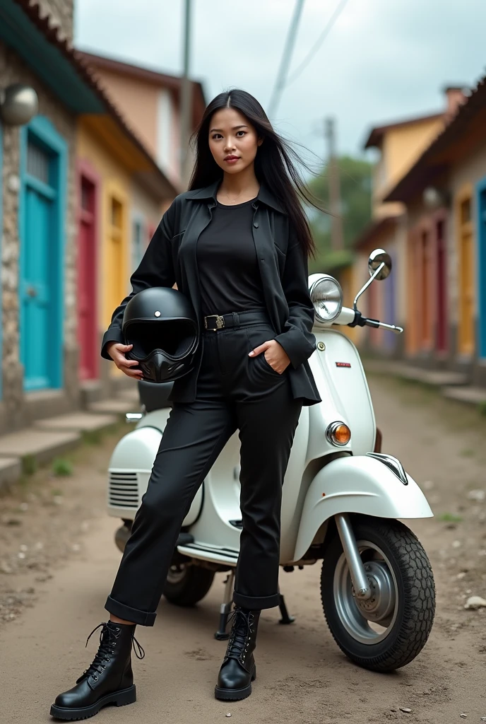 (solo, full body photo:1.3),A Asian woman, long black hair, wearing a black silk shirt with one button open, wearing a black tshirt, black pants, black boots, standing holding a classic helmet, standing in front of a white Vespa scooter, with a colorful stone-built housing complex in the background, a cloudy rocky dirt road