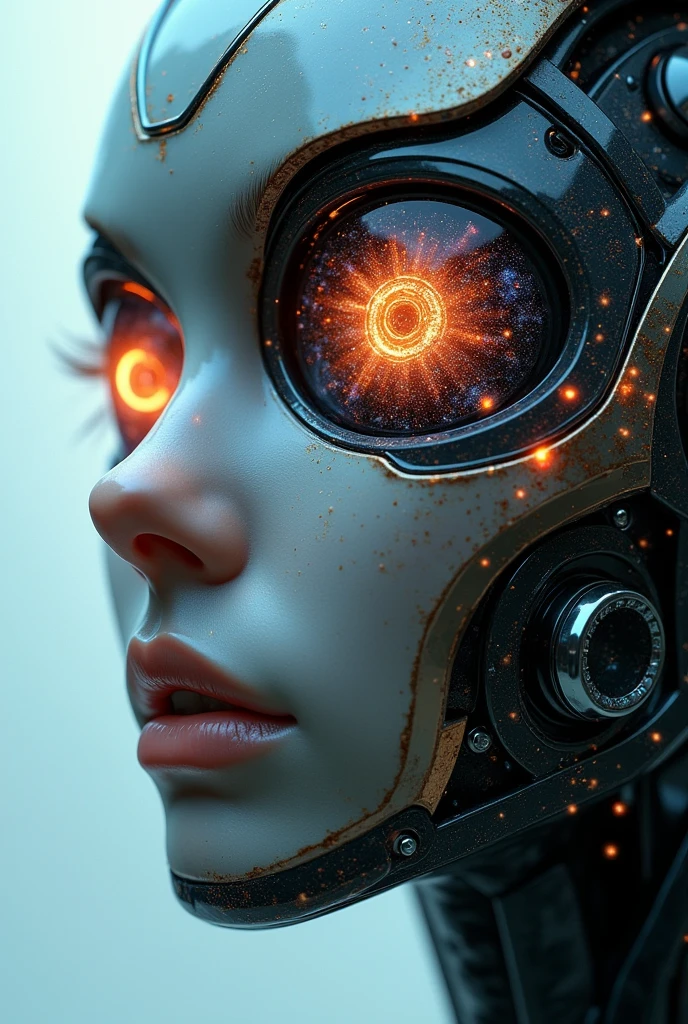 headshot of cyborg, complex patterns in eyes resembling the universe 