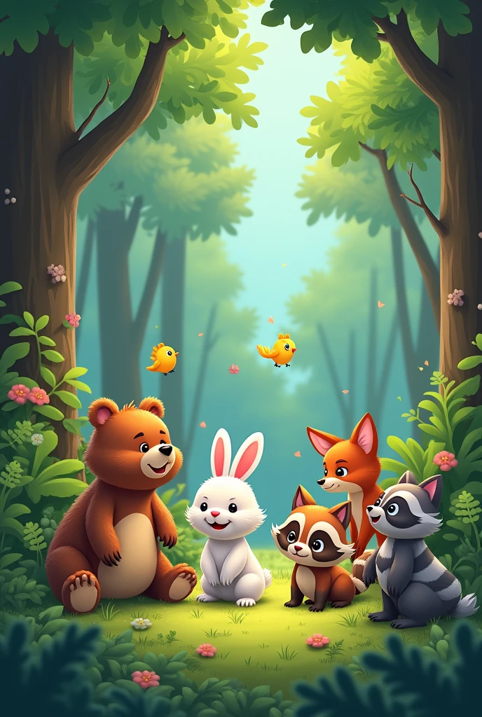 Create a cartoon where there is a small brown bear, a white rabbit, four little birds, a little fox, and four raccoons in a forest