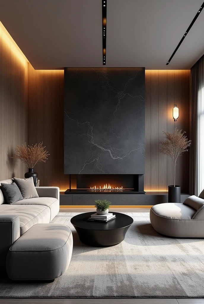 Professional 3d architecture rendering design of modern  living room with so  and very  dark  stone  floranca velvet sofa  set and medium  flouting  dark gray marble fireplace and  light gray laminate and elegant and modern accessories and modern windows and black slab stone middle table and elegant and modern  ceiling lighting and elegant accessories and elegant  dark  silk gray Persian carpet and elegant  and modern ceiling lighting 