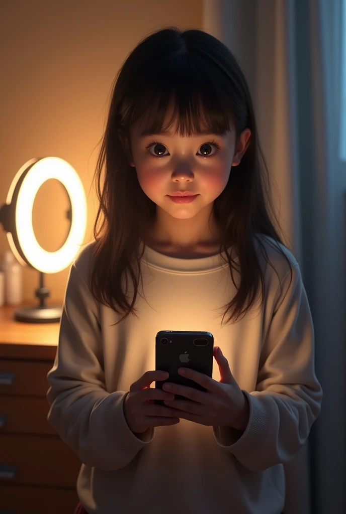 "Generates the image of a young 2 girl, with black hair and dressed casually, who is standing and ready to record herself with her phone, using a ring light.. The light ring and phone must be clearly visible, highlighting his role in the scene."