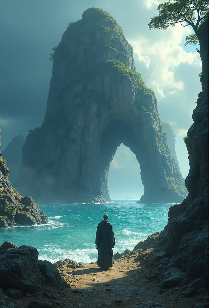 (masterpiece, best quality:1.2), Super Detail, Movie Lighting, HDR, illustration, The huge rock looks like a habitat in the sea, rich and colorful, monk, mystery, Very detailed, High contrast, Golden Ratio Composition, Epic views, masterpiece,
