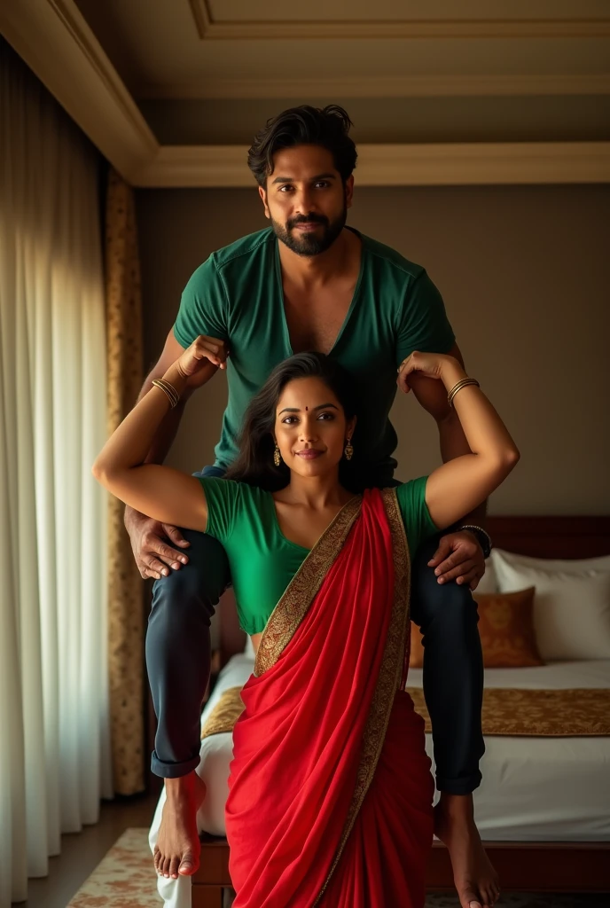 Beautiful and Slim, Sexy Indian woman in green blouse red saree lifting a large chubby man above her shoulders, man is sitting on woman's shoulders, in a bedroom with high ceiling, natural smile, woman is looking into the camera , full body image 