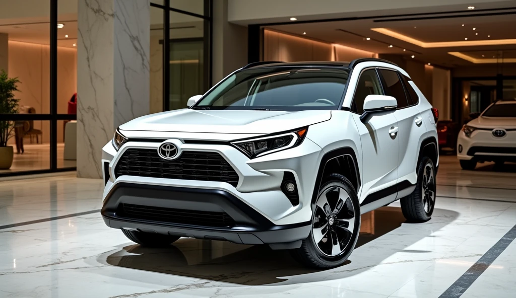 A luxurious front view of the New 2025 Toyota RAV4 in a pristine white color, parked in an upscale showroom. The car’s modern design is accentuated by its sleek, narrow headlamps that give it a contemporary and sophisticated look. The iconic Toyota logo is prominently displayed on the front grille, symbolizing quality and innovation. The vehicle’s glossy white finish highlights its sharp lines and aerodynamic profile, while the luxurious rims add a touch of elegance and sportiness. The showroom features polished marble floors, expansive glass walls, and stylish decor, creating a refined environment that enhances the RAV4’s premium appeal and modern design.