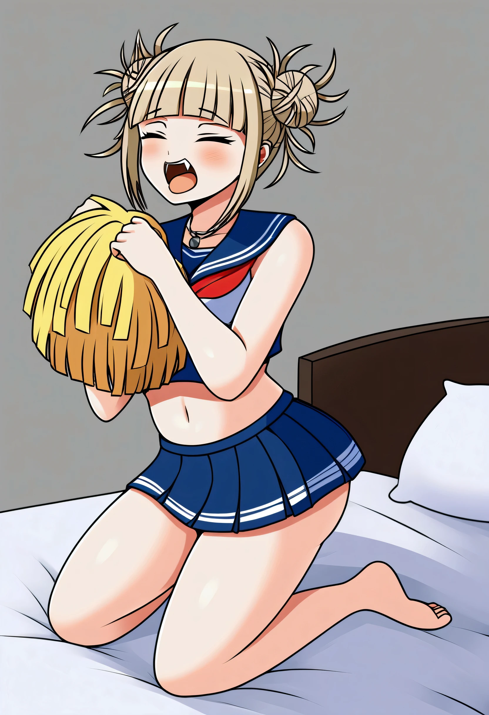 cheerleader , yawning with eyes closed , bun hair style , wearing necklace, on bed, kneeling with butts up, himiko toga,
