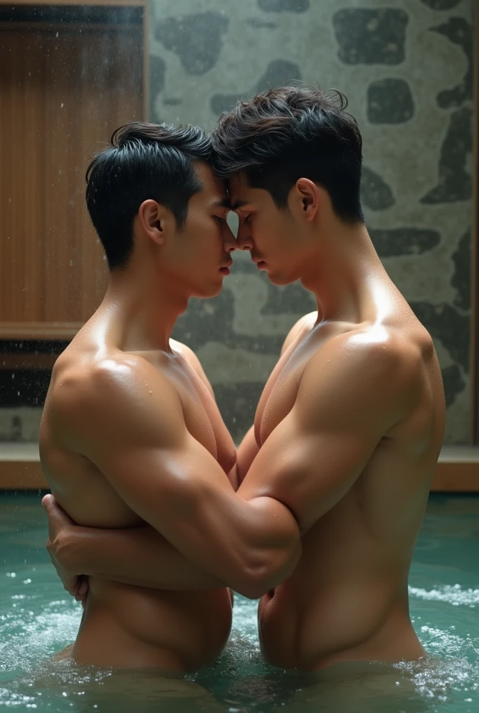 two handsome and muscular Japanese young men in early twenties、Public bath、cuddling, blushing, Completely naked