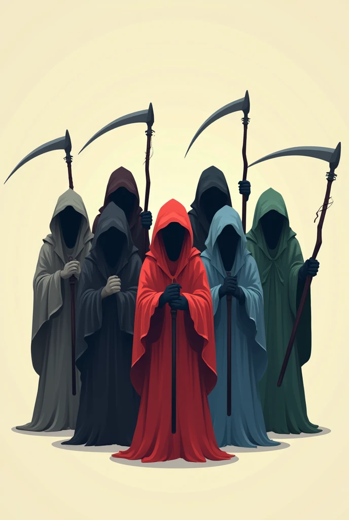 Eight small faceless grim reapers with different colors in 2D mode and without background, each wielding a scythe