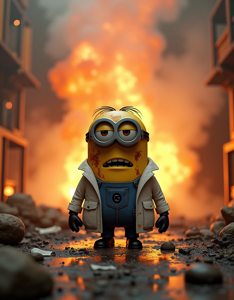 Other scientists stood watching. .Minion scientist Kevin in scientist suit. came out of the lab explosion fire covered in dust with burn marks.The surrounding scene was ruined and covered in sticky smoke. 