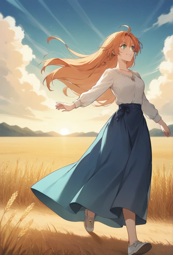 1 girl, Solitary, Orange long hair, running, (Tall wheat fields), Turn around, Emerald eyes, Blue long skirt, middle Ages, middle Ages服装, Long Sleeve Sunset, There is light behind it, Shadows on the characters, Smile, laughter, (Blue sky), Wheat as background, Standing far away, Looking at the audience, full length