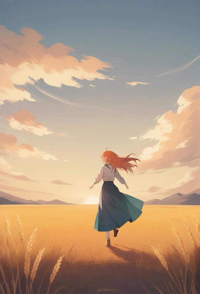 1 girl, Solitary, Orange long hair, running, (Tall wheat fields), Turn around, Emerald eyes, Blue long skirt, middle Ages, middle Ages服装, Long Sleeve Sunset, There is light behind it, Shadows on the characters, Smile, laughter, (Blue sky), Wheat as background, Standing far away, Looking at the audience, full length