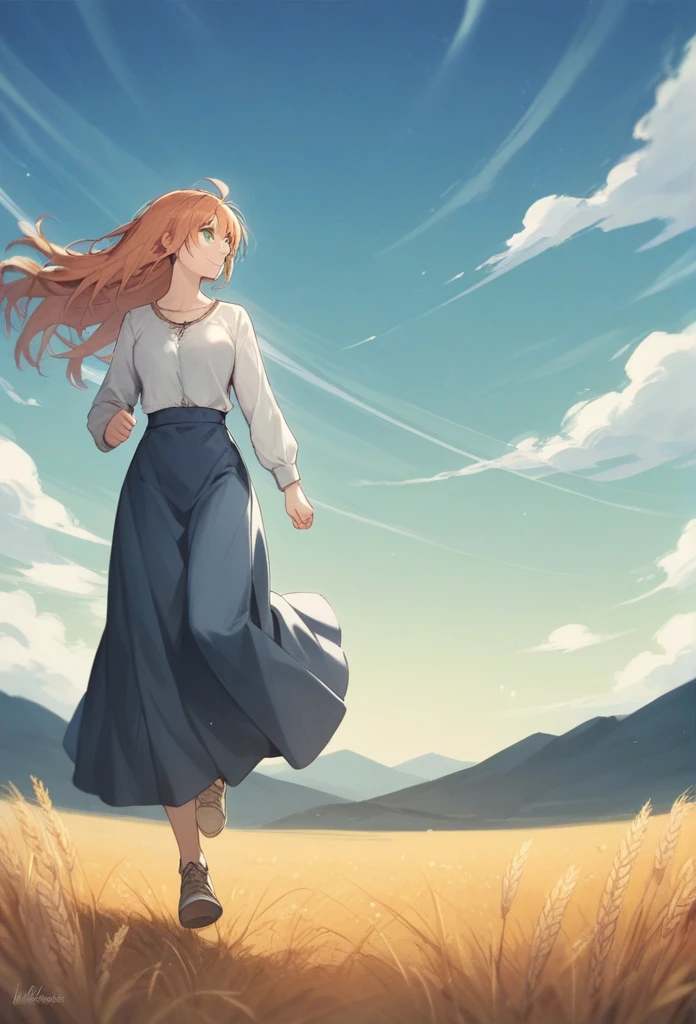 1 girl, Solitary, Orange long hair, running, (Tall wheat fields), Turn around, Emerald eyes, Blue long skirt, middle Ages, middle Ages服装, Long Sleeve Sunset, There is light behind it, Shadows on the characters, Smile, laughter, (Blue sky), Wheat as background, Standing far away, Looking at the audience, full length