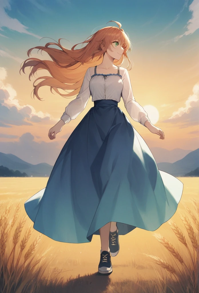 1 girl, Solitary, Orange long hair, running, (Tall wheat fields), Turn around, Emerald eyes, Blue long skirt, middle Ages, middle Ages服装, Long Sleeve Sunset, There is light behind it, Shadows on the characters, Smile, laughter, (Blue sky), Wheat as background, Standing far away, Looking at the audience, full length