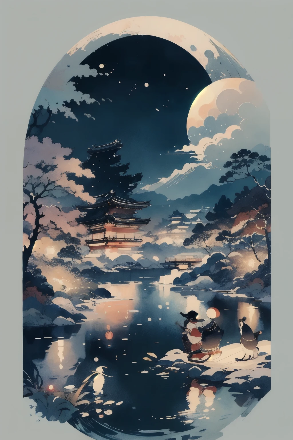 masterpiece,Highest quality,Cute Ukiyo-e,night,moon,Landscape painting