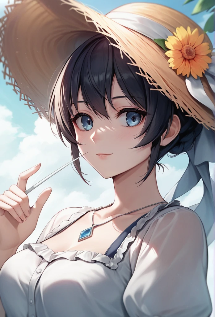 A long-haired black anime girl wearing a straw hat, Anime style 4k, Beautiful anime portrait, Anime cute art style, Anime Art Wallpaper 4K, Anime Art Wallpaper 4K, High-quality anime art style, Anime style portrait, Gu Weiss, artwork in the style of Gu Weiss, Detailed digital anime art, anime art wallpaper 8 k, Cute anime girl portrait