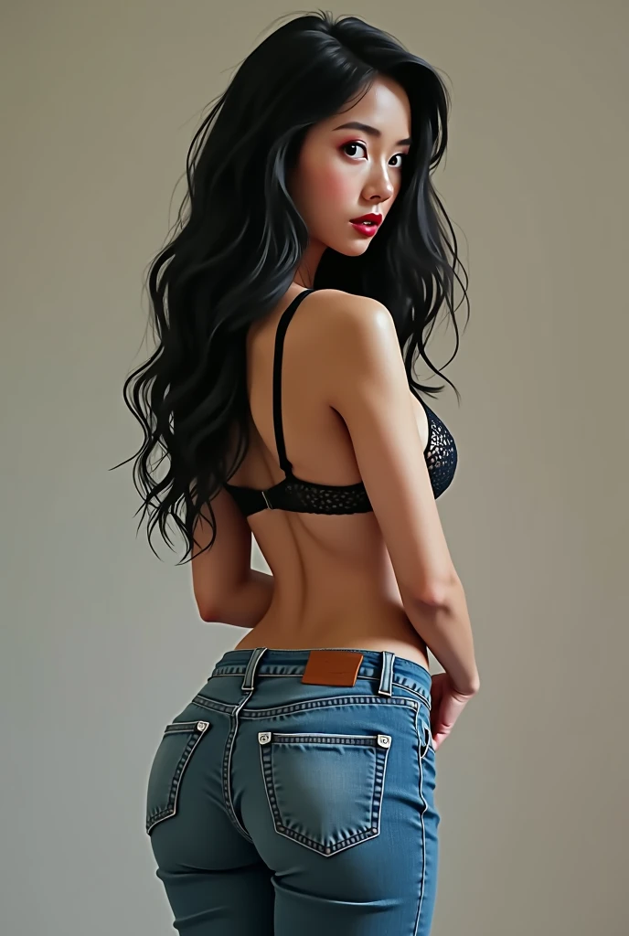 A girl with a perfect heart-shaped ass in tight jeans with her back turned with black hair and a look of sexual desire as well as a lace bra