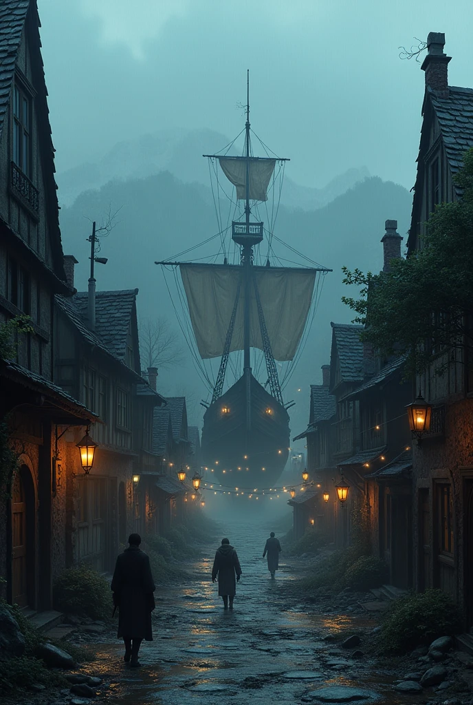 A port city in a medieval fantasy setting, with a dark and decadent appearance. The city is dirty and disorganized, with narrow cobbled streets, flanked by dilapidated buildings. The port is home to wooden ships in a decrepit state. The atmosphere is cold and sinister, with a light rain falling, intensifying the sense of despair. The scene is shrouded in a haze of blue-gray hues, with the wet streets reflecting the dim light of flickering lanterns. The general atmosphere is macabre and threatening., suggesting a place marked by danger and poverty. Show the city from afar, just small houses and a large central square